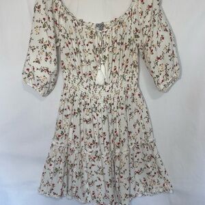 J for Justify Cream Off-Shoulder Dress with Red & Green Floral Print